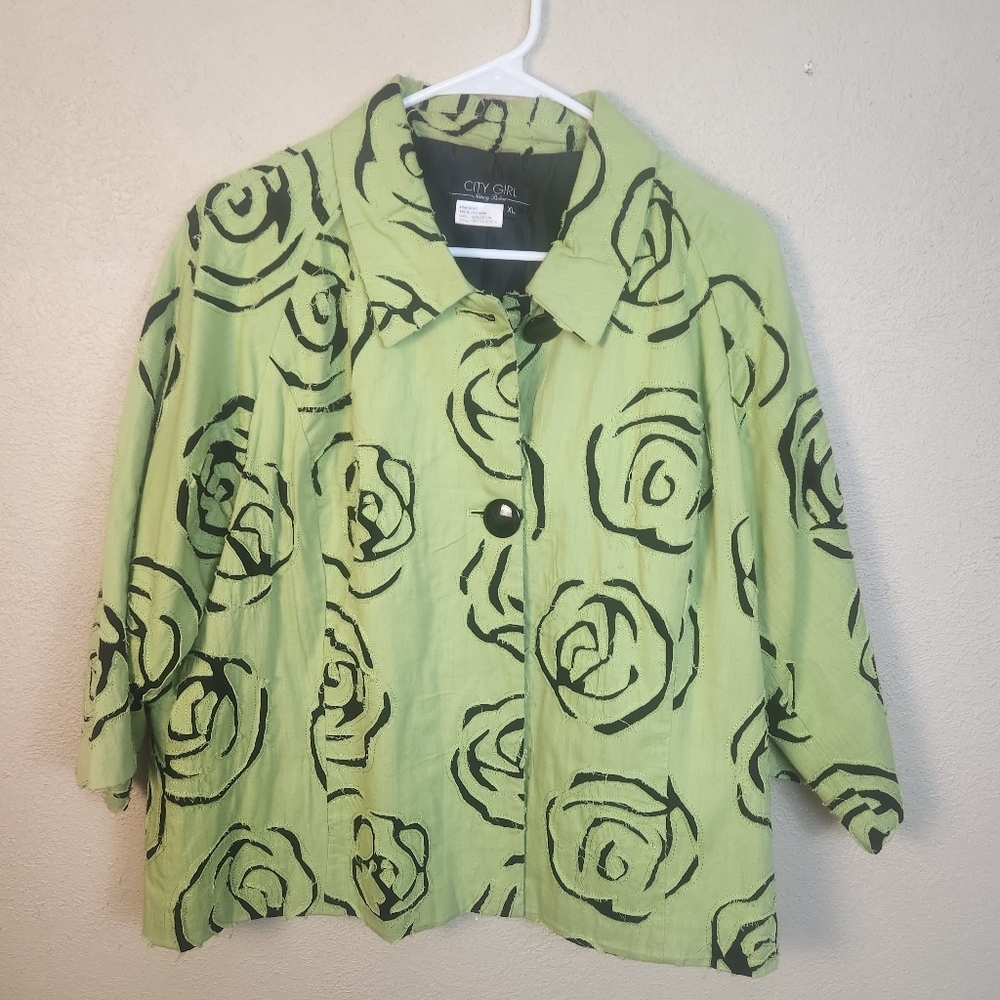 Nancy Bolen CITY GIRL Green Rose Cutouts Floral Blazer XL (7678)